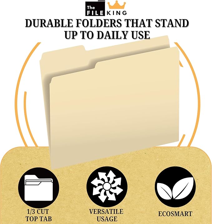 The File King 1/3 Cut File Folders Letter Size - 100 Pack | Manilla Folders 8.5 x 11 | Assorted 3 Tabs | Heavy Duty 11-Point Fiber | Made in USA | Undercut Front Style | Easy Labeling & Organization