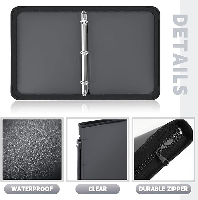Teling 12 Pcs Plastic Zipper Binders with 3 Ring Zipper Binder, Refillable File Organizer Planner for Projects, Assignments, Memos, School Work (1 Inch,Black)