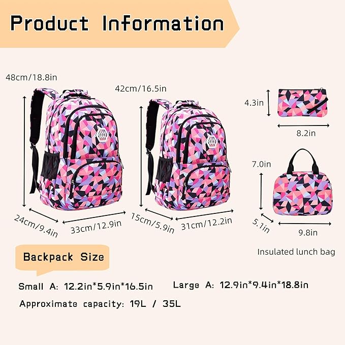 Bansusu 3Pcs Purple-a-3pcs Geometric Print Backpack and Lunch-Bag Set for Girls School Elementary Bookbags, 12.205.9016.53inch, 19 Liters