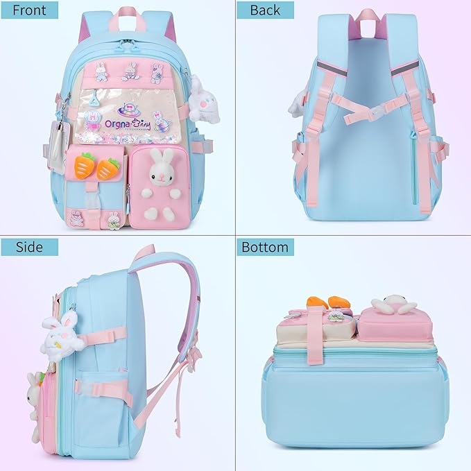 Backpack for Girls Cute Bookbag Set with Lunch Box Pencil Case Kawaii Bunny School Backpacks for Girl 3 Pcs Kindergarten Elementary Preschool Middle Sequin School Bag for Girls (Bluepink)
