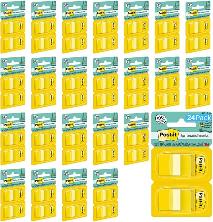 Post-it Flags, 1 in. Wide, 100/per Pack, Canary Yellow (680-YW2)- 24 Pack