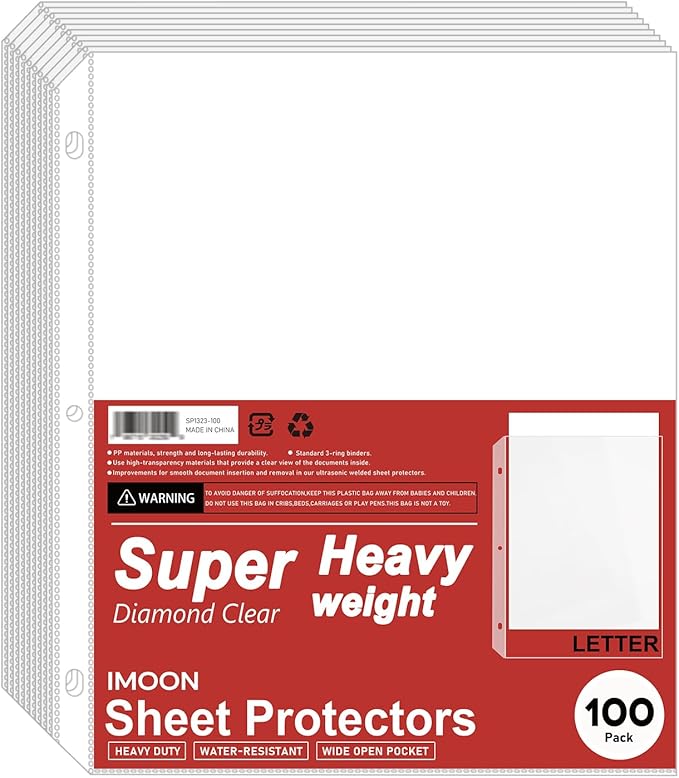 Super Heavyweight 3-Hole Letter Size Sheet Protectors - High Transparency Plastic Heavy Duty Sleeves for 3 Ring Binders, Archival Safe, Durable Page Protectors for Documents, 8.5x11 Inch (100 Pack)