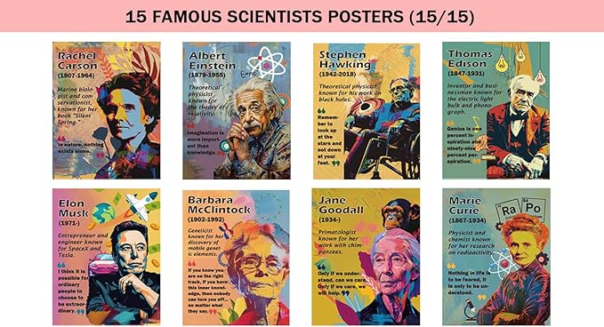 1step2dream Science Poster Classroom Set: 15 Vibrant 11x14 Educational Wall Art Featuring Famous Scientists - Ideal for Middle School, Science Labs & Bulletin Boards