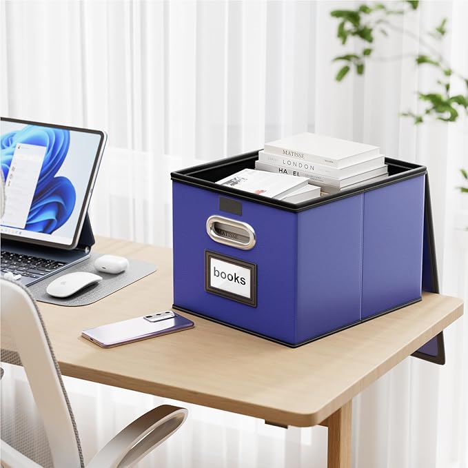 Huolewa Decorative Leather File Organizer Storage Boxes with Lids Set of 4, Document Boxes Organizer, Filing Boxes, Decorative Small File Boxes for Hanging Files, File Cabinet for Office/Home - 4 Pack
