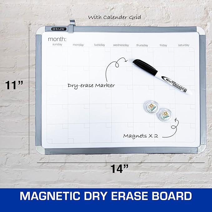 BAZIC Products Magnetic Dry Erase Board 11"x14" Whiteboard, Dry Erase Marker and Magnet, for Teacher Office Home, 12-Pack