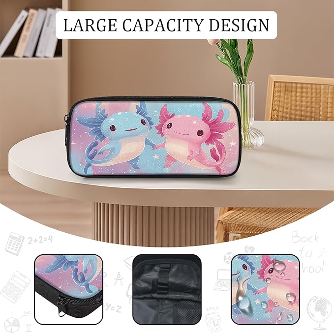 Cute Axolotl Backpack Set 3 Piece School Bags and Lunch Box with Pencil Case Pink Blue Axolotl Bookbag Set for Toddler Kids Girls Boys Teens Kindergarten Elementary Middle