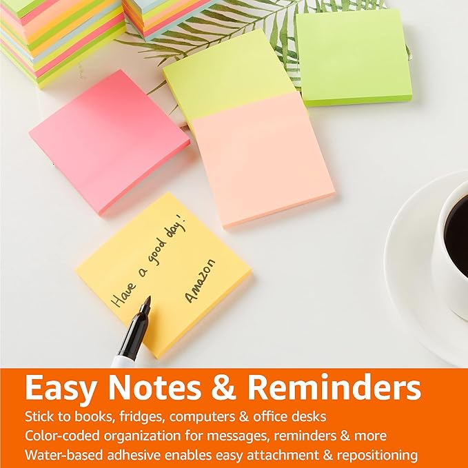 Amazon Basics Square Sticky Notes for Organizing, Reminders, To Do Lists, Clean Removal, 3"x3", 24-Pack, Assorted Colors