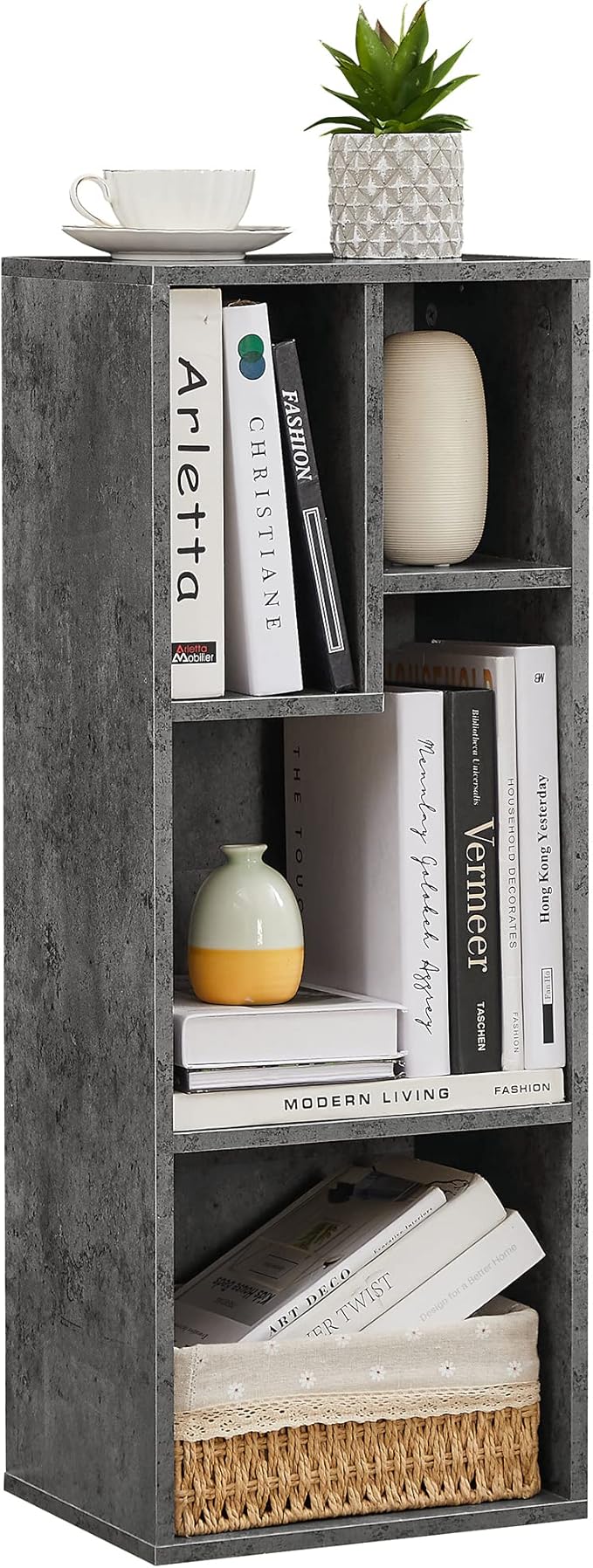 VECELO Small Bookshelf, 4 Cube Slim Bookcase, Fits Tallest Hardcovers, Horizontal Available, Modern Floor Standing Unit, Each Shelf Hold Up to 66 LBS,Gray