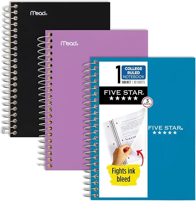 Five Star Spiral Notebooks, 3 Pack, 1 Subject, College Ruled Paper, 7" x 4-3/8", Personal Size, 80 Sheets, Black, Blue, Purple (450048C-ECM)