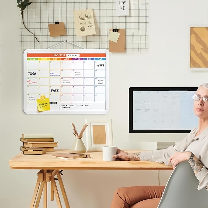 Colorful Whiteboard Calendar for Wall,16" x 12" Hanging Dry Erase Calendar Board, Monthly White Board for Home,School, Office