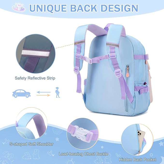Girls Backpack Set, 3PCS Kids Backpacks for Girl, Cute Bunny School Backpack for Girls Kids Teen Kindergarten Elementary Preschool Middle School Bags with Lunch Box Pencil Case Blue