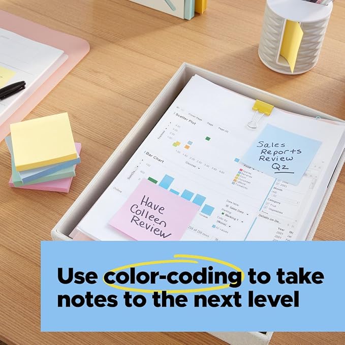 Post-it 100% Recycled Paper Super Sticky Notes, 3 in. x 3 in., 24 Pads, 70 Sheets per Pad, Wanderlust Pastels, New Year Organization or Second Semester School Supplies