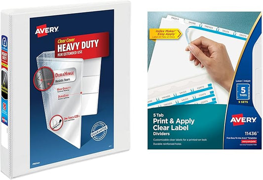 Avery Heavy-Duty View 3 Ring Binder with 1 Inch Rings, 5 Tab Easy Print & Apply Clear Label Binder Dividers, Office Supplies Set (01687)