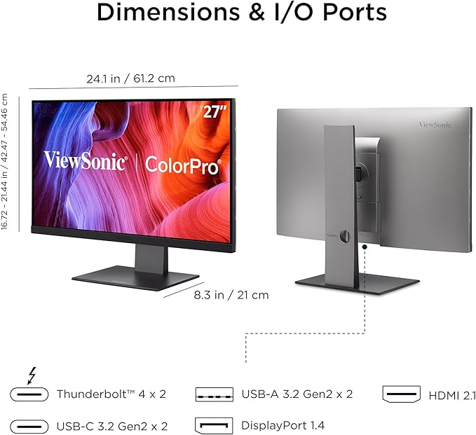 ViewSonic VP2788-5K 27" 5K Mac-Ready Monitor with 100% sRGB, 99% DCI-P3, Pantone Validated, Advanced Ergonomics, Thunderbolt 4, USB Hub, HDMI, and DP for Home and Office