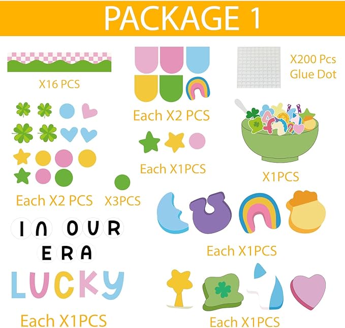 87Pcs St. Patrick's Day Bulletin Board Decorations Set Lucky Charm Unicorn Gold Coin Paper Cutouts Funny Shamrock March Classroom Decor for Chalkboard Window Wall Door Irish Party Home Office School
