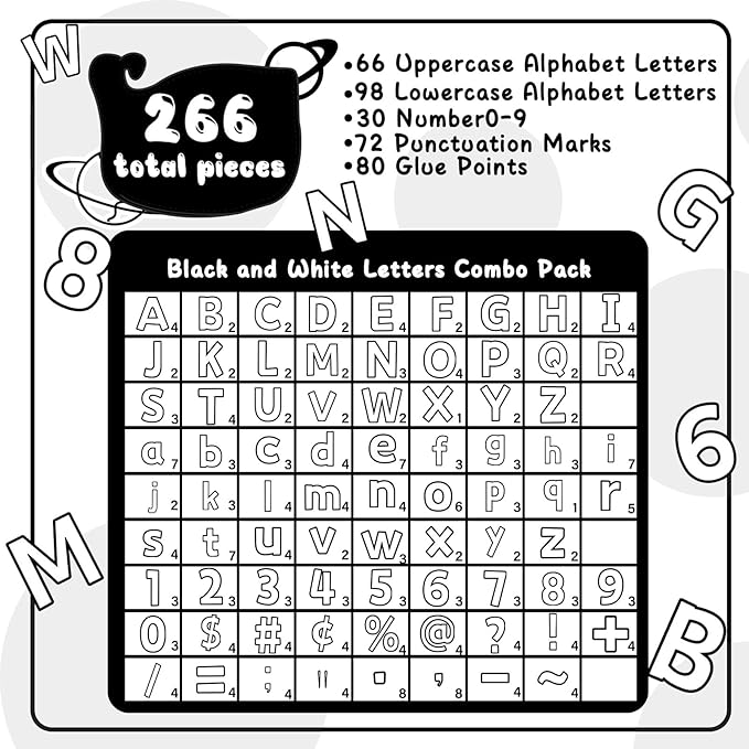 266 Pcs Letters Combo Pack Set Bulletin Board Letters White & Black Letters and Number Accents for Kids Bulletin Board Display Home School Classroom Decor