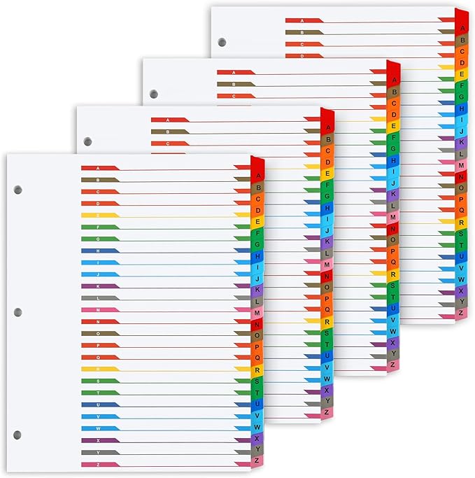 Alphabet Binder Dividers for 3 Ring Binder, COIDEA A-Z Dividers for 3 Ring Binder, Multicolor A-Z Binder Dividers with Customizable Table of Contents Page, ABC Alphabet Tabs for School Office (104)