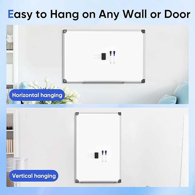 Magnetic White Board Hanging 36" x 24" for Wall, Dry Erase Board for Office, School, Home, Silver Frame, Includes Eraser, Markers, Magnets, Pen Tray