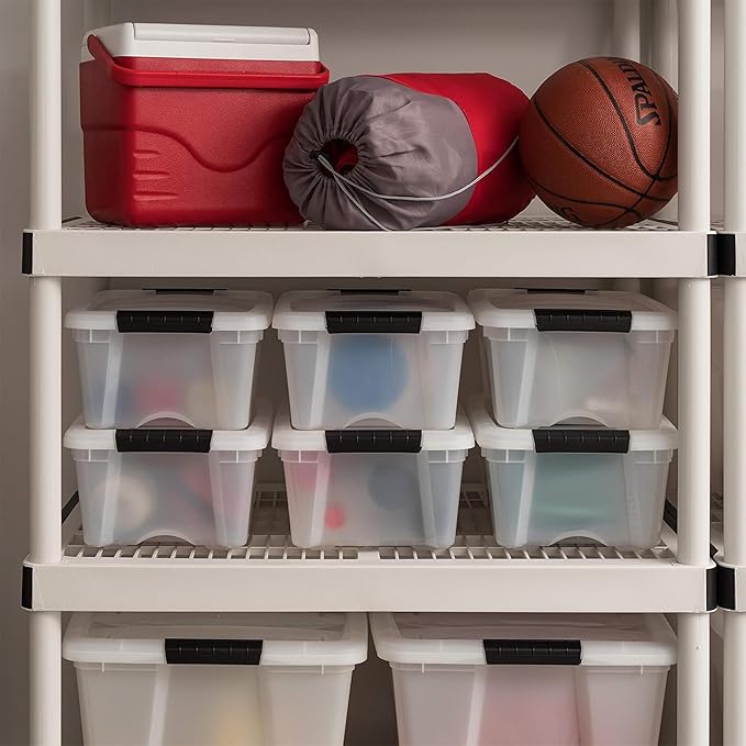 IRIS USA 13 QT Plastic Storage Box with Lid and Latches - 6 Pack - BPA-Free, Discreet Organizing Solution, Durable Nestable Stackable Containers, Secure Pull Handle - Pearl