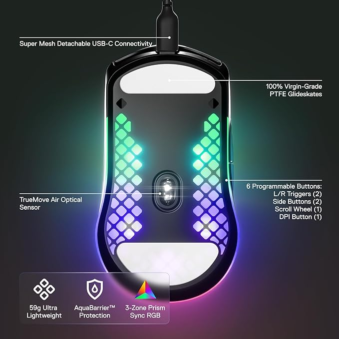 SteelSeries Aerox 3 - Holey RGB Gaming Mouse - Ultra-lightweight Water Resistant Design - 8,500 DPI TrueMove Core Optical Sensor - Onyx