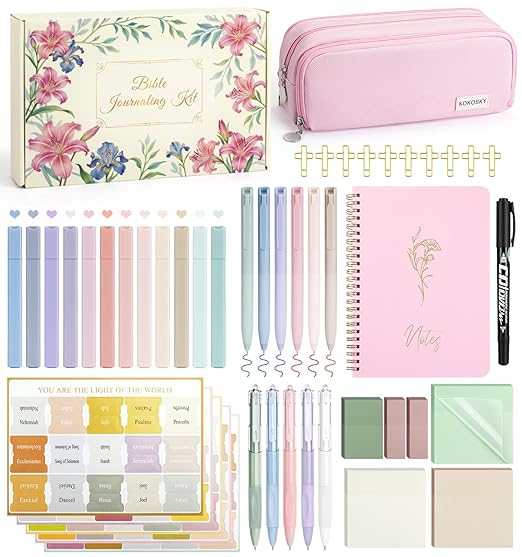 47Pcs Bible Study Supplies, Bible Journaling Kit for Women, Pink Pencil Case, 12 Pastel No Bleed Highlighters and 6 Colored Pens, Bible Tabs and More, Book Annotation Kit for Women & Men (Pink)