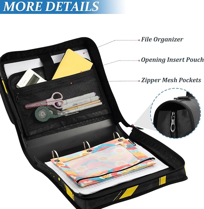 3 Ring Zipper Binder with Shoulder Strap Yellow Basketball Splash Black 1.5 inch Binders Keeper Large Capacity Multi Pockets for School Office Supplies