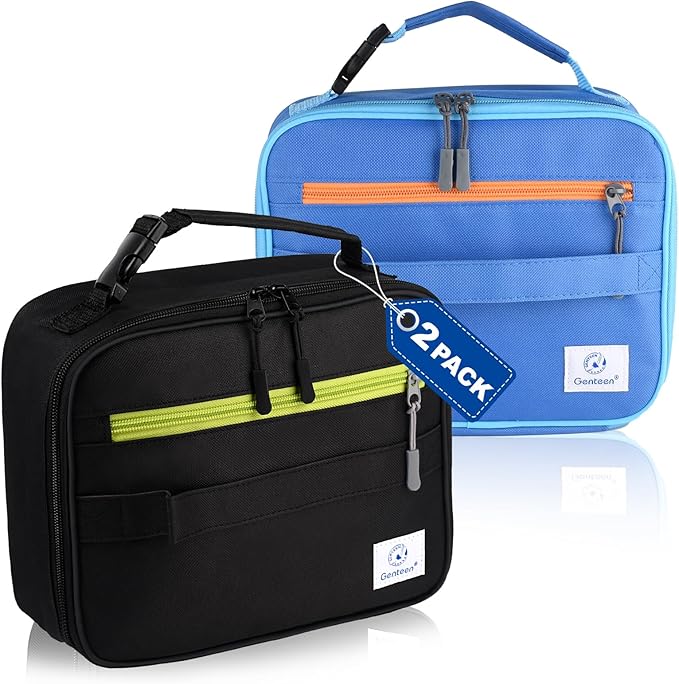 Genteen 2 Packs Insulated Soft Lunch Bag With Double Zipper - Sturdy, Freezable and Reusable for Kids, Men - For School, Work, Outdoor (Black & Blue)