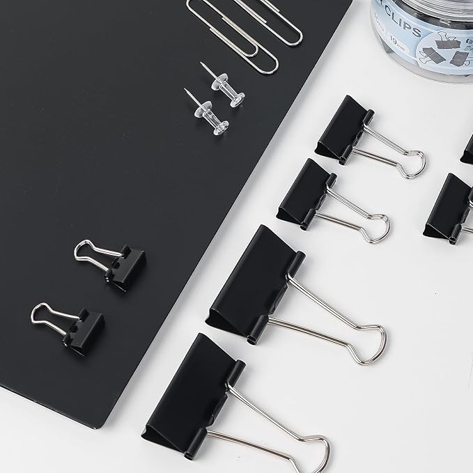 408 PCS Binder Clips Paper Clamps Assorted Sizes and Push Pins, Binding Paperwork Clamp Bulk, School Teachers Office Supplies (Black)