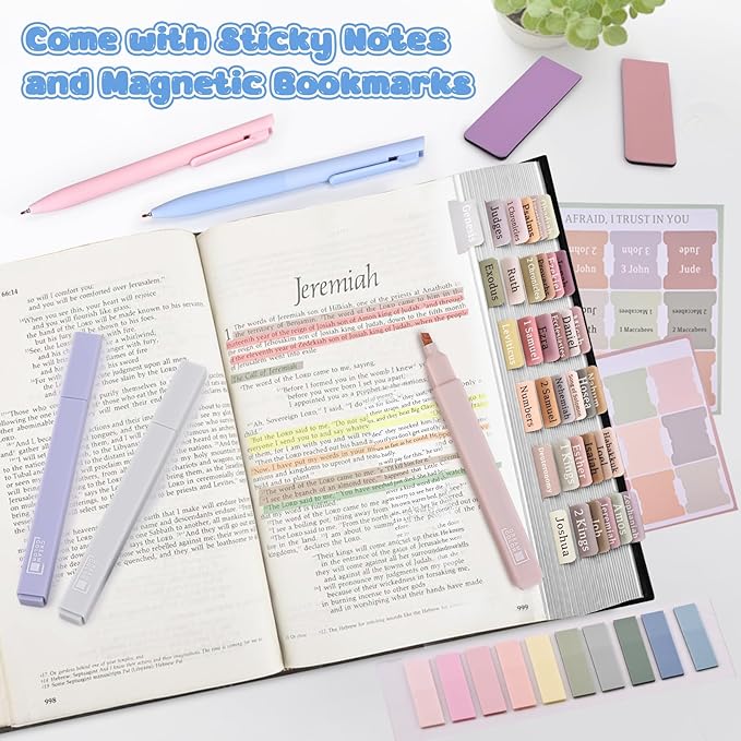 25Pcs Bible Journaling Kit, 6 No Bleed Bible Highlighters, 6 Color Pens, 90 Laminated Bible Tabs, Magnetic Bookmarks, Sticky Notes, Bible Study Supplies, Bible Study Kit for Women