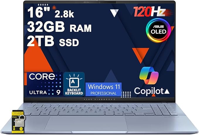 ASUS Vivobook S16 AI PC Laptop 16" 2.8k OLED 120Hz (600nits HDR, 100% DCI-P3) Intel 16-core Ultra 9 285H 32GB DDR5 2TB SSD Backlit For Creator Business Professional Work Win11Pro ICP Hub w/Copilot+ AI