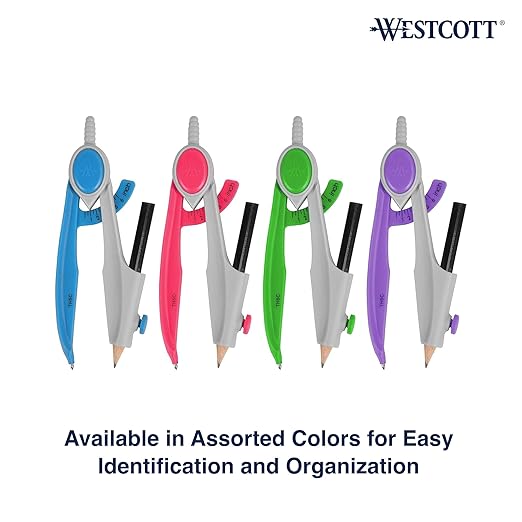 Westcott Compass and Protractor Math and Geometry Set, Essential School Supplies, Plastic Compass for Circles Up to 13-Inches, Back to School, Classroom, School Supplies, 6-Inch Protractor, Assorted Colors