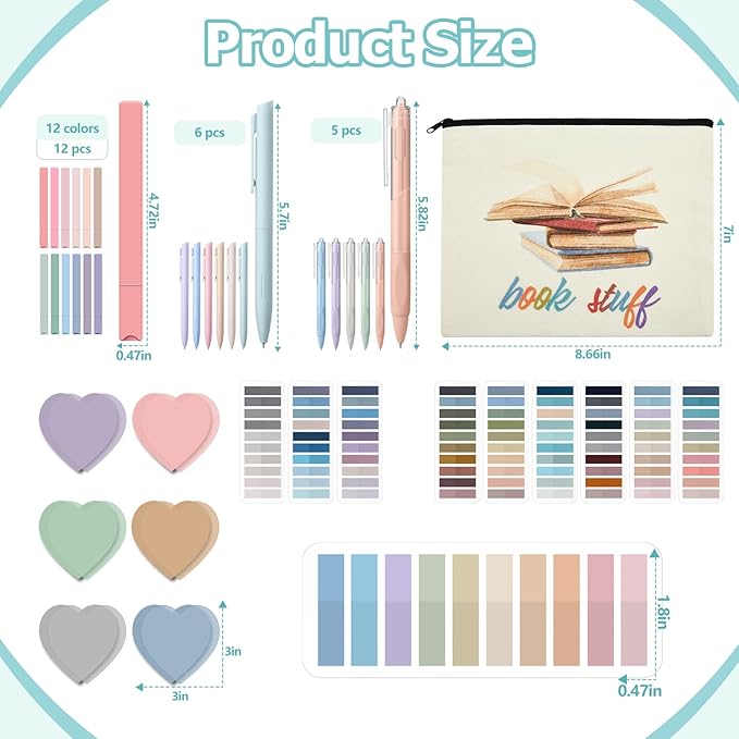 Book Annotation Kit, Aesthetic Bible Study Journaling Kit, 2640 Pcs Sticky Tabs, 300 Sticky Notes, 11 Gel Ink Pen, 12 Highlighter Marker, Pencil Case Pouch for Book Lover(Heart)
