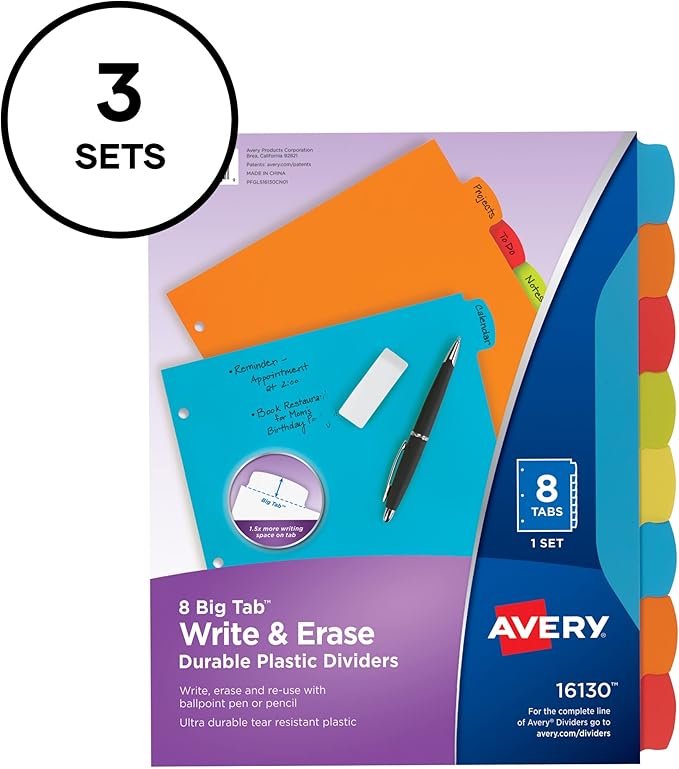 Avery Big Tab Write & Erase Durable Plastic Dividers,8-Tab Set,Multicolor Brights,3 Sets (21210),(Pack of 8)