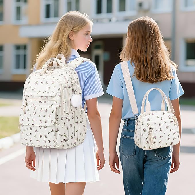 Bevalsa Backpack for Gilrs, 3PCS Corduroy Kids Backpack Set with Lunch Box & Pencil Pouch, Bookbag Daypack Laptop Bag for Women Teens Elementary Middle High School