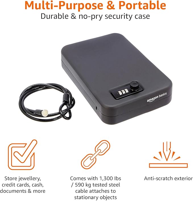 Amazon Basics Portable Security Case Lock Box Safe with Combination Lock for Documents,Valuables,Personal Items,Dorm Room,Home,Large,Black,(Pack of 4)