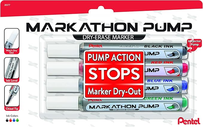 Pentel Markathon Pump Dry Erase Marker, Chisel Tip, Assorted Colors, 4 Pack (MWL6SXBP4M)