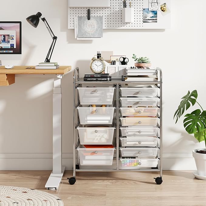 COSTWAY 12 Drawer Rolling Storage Cart, Mobile Utility Cart with Metal Frame, Art Supply Craft Organizer, Multipurpose Storage Organizer for Paper, Office, School Teacher, Classroom, Transparent