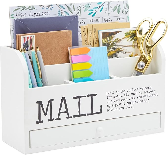Juvale Wooden 3-Tier Countertop Mail Organizer - Desktop Organizer with Drawer for Paper & Supplies - Wall-Mount Mail Holder for Envelopes & Letters - White, 11 x 7 x 4 in