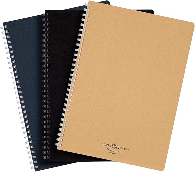 Kokuyo D Shaped Soft Ring Notebook, 7mm Rule, 31 Lines, 80 Sheets, B5, Natural Style, Set of Black, Beige, Navy, Japan Import (SU-SV608A)
