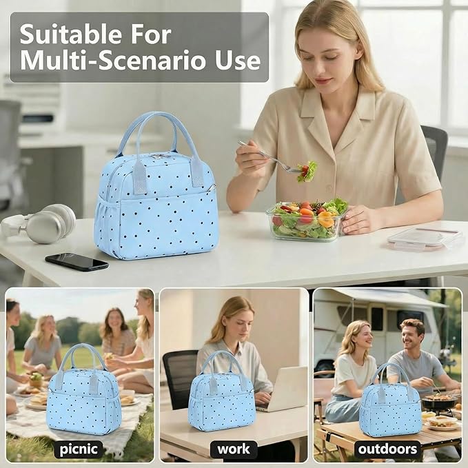 CAMTOP Lunch Box for Women Men Insulated Lunch Bag Lunch Tote Bag Leakproof Thermal Cooler Large Capacity for Travel Work School Picnic (Blue Black Dots)