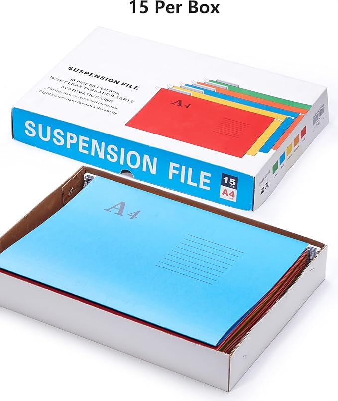 Oterri Hanging File Folders, A4 Size with 5 Elegant Colors to Choose, 1/5-Cut Adjustable Tab,15pcs Per Box