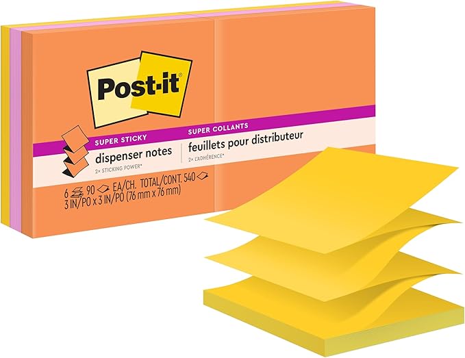 Post-it Super Sticky Dispenser Pop-up Notes, 6 Sticky Note Pads, 3 x 3 in., 2X The Sticking Power, New Year Organization or Second Semester School Supplies, Energy Boost Collection