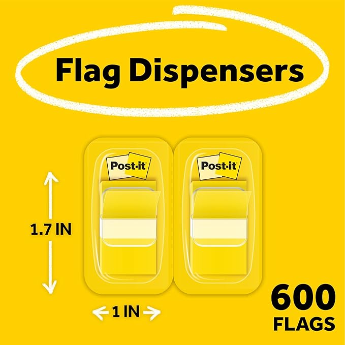 Post-it Flags, 1 in. x 1.7 in., Twelve Dispensers with 50-Count Yellow Sticky Tabs Per Dispenser (600 Flags Total), Removable Page Markers for Planners, Journals, and Calendars