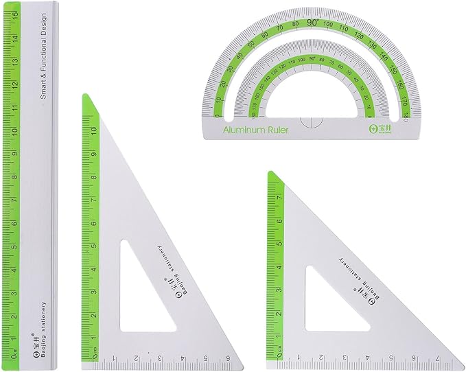 HARFINGTON 4pcs Geometry Set 15cm Metric Measure Ink Printing Aluminum Ruler Metal Ruler Set Triangle Protractor Ruler Tool Set for Classroom, Office, Home, Green