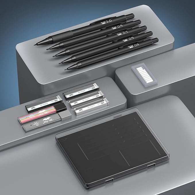 Mr. Pen- Metal Mechanical Pencil Set with Lead and Eraser Refills, 5 Sizes, Black, 0.3, 0.5, 0.7, 0.9, 2mm, Drawing Mechanical Pencils, Mechanical Pencil Metal, Drawing Pencils Mechanical