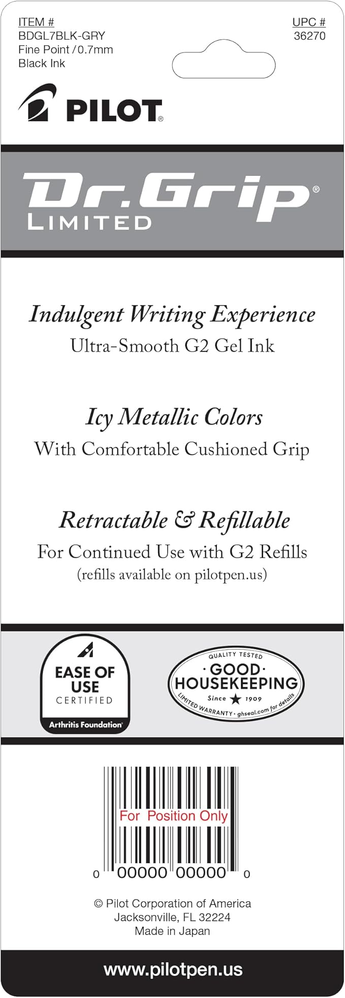 PILOT Dr. Grip Limited Refillable & Retractable Gel Pen, Fine Point, Black, Single Pen - Ideal for School, Journaling & Office Writing