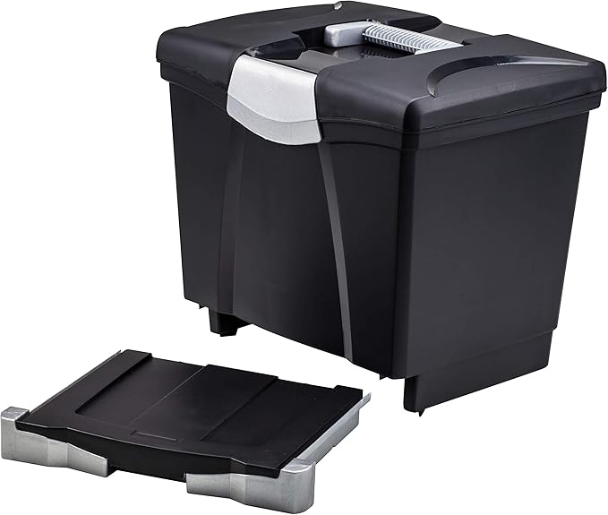 Storex Portable File Storage Box with Drawer Tray, Latch Lid, Letter Size, Black (61523U01C)