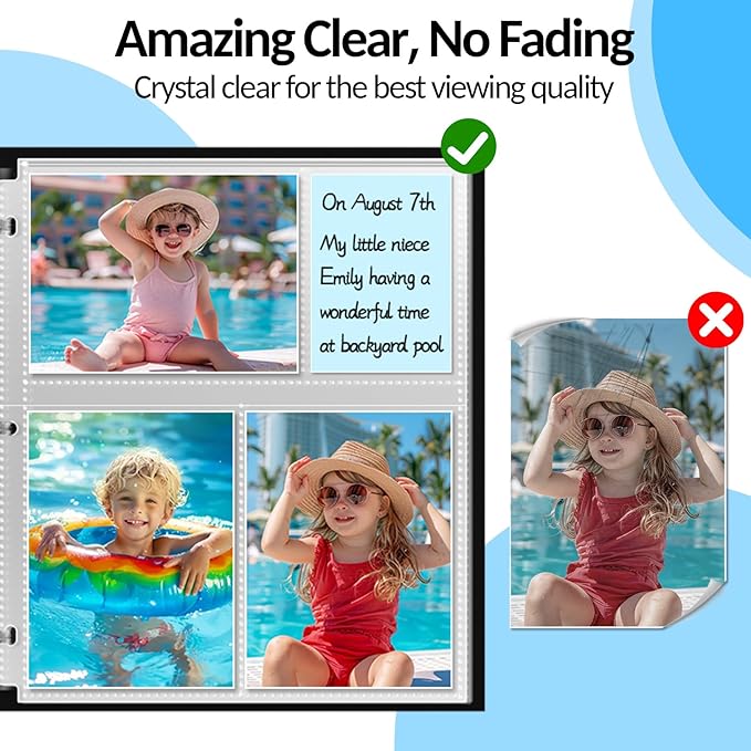 100 Pack 4x6 Photo Sleeves for 3 Ring Binder - 600 Photos, Clear Album Refill Pages, Acid Free Plastic Archival Protector Sleeves, Pages Sheets for 8.5x11 Binder