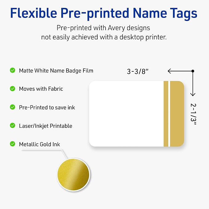 Avery Printable Rectangle Adhesive Name Tags, Double-Dipped Gold Edge Design, 2-1/3" x 3-3/8", Matte White Removable Name Tags, Laser/Inkjet, 80 Total, Great for Name Badges