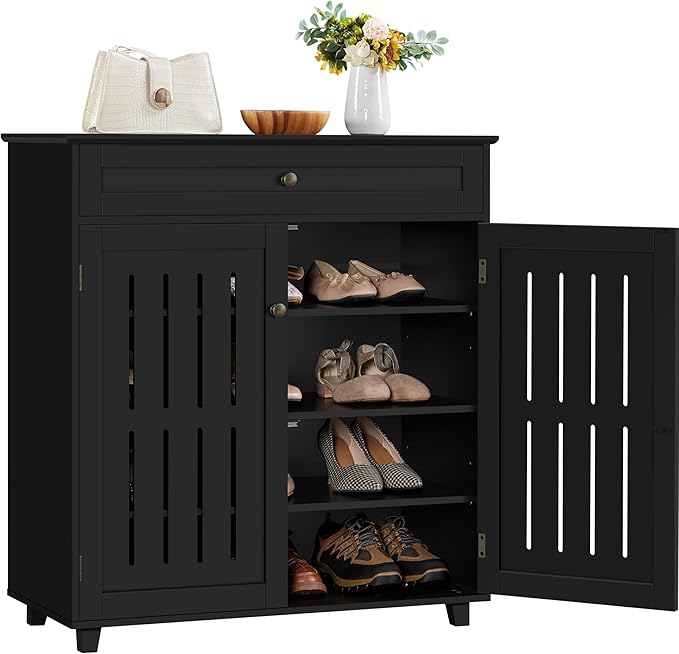 Yaheetech Shoe Cabinet, 4-Tier Shoe Storage Cabinet with Drawer & Adjustable Shelves, Wooden Shoe Rack Organizer with Louvered Doors for Entryway, Hallway, Closet, Living Room, Black